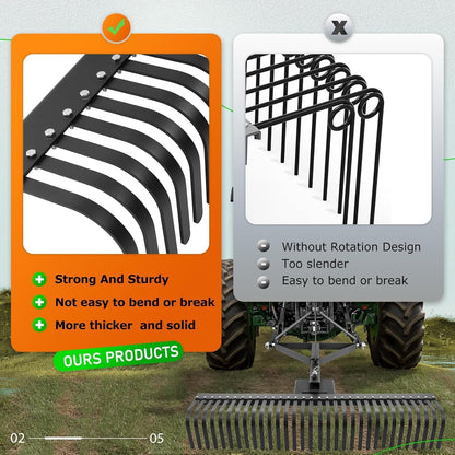 KUAFU 60" Landscape Rake, 3 Point Rake 360 Rotation Compatible with Category 1 Cat1 Compact Tractors Tow-Behind Garden Tool for Garden, Farm, Clearing Brush, Raking Arenas 2 Package Black