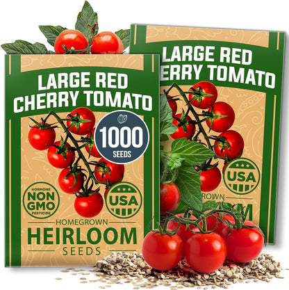 HOME GROWN Large Red Cherry Tomato Seeds 2 Pack (Solanum lycopersicum) - Approx.1000 Non-GMO Heirloom Tomato Seeds for Planting Vegetable Seeds for Homesteading, Sustainable Living, and Home Gardening