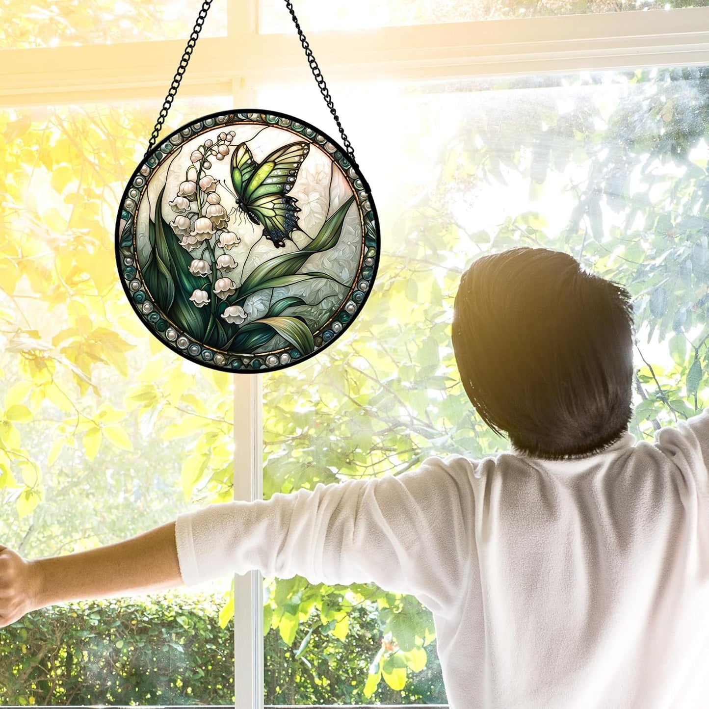 Stained Glass Window Hanging, Lily of The Valley Flower Butterfly Suncatcher for Doors Home Sun Catchers Decoration and Christmas, Mother's Day Birthday Gifts for Women, Men, Mom 7.8 in