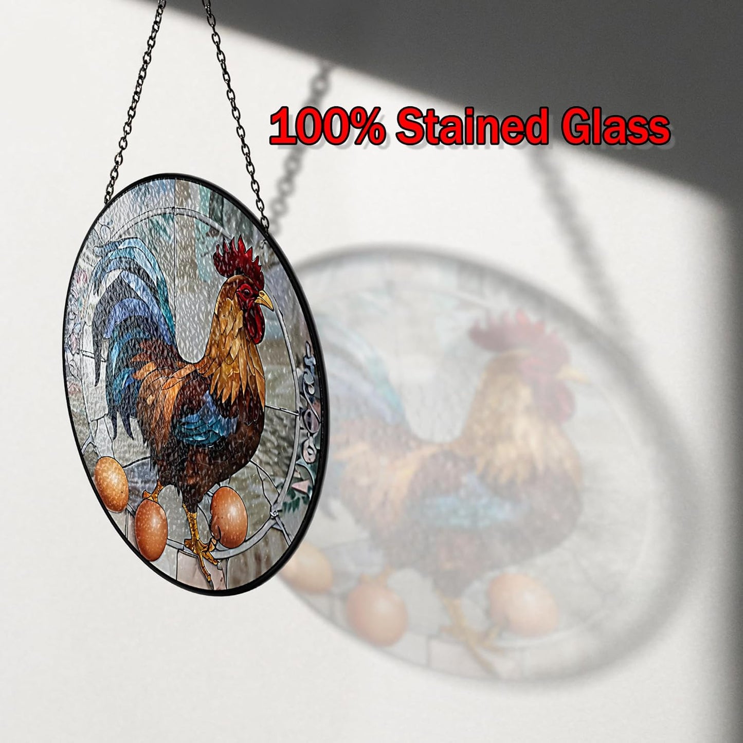 6" Rooster and Eggs Stained Glass Suncatcher Art Glass Cock Eggs Sun Catcher Indoor Window Gift for Pet Farmhouse Animal Nature Lover Women Grandma Mom Friend Panel Décor ANI-03A-SG6