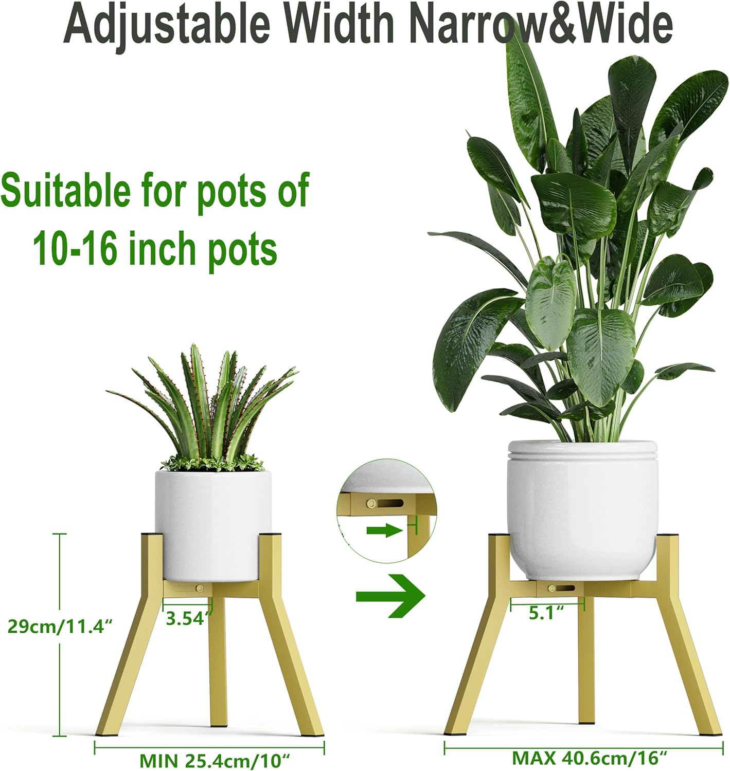 Adjustable Plant Stands Set of 2, Metal Modern Small Plant Holder, Heavy Duty Stable Flower Holder Stand Rack for 10-16 Inch Indoor Outdoor Corner Living Room Balcony Office Golden PS-007GY-2