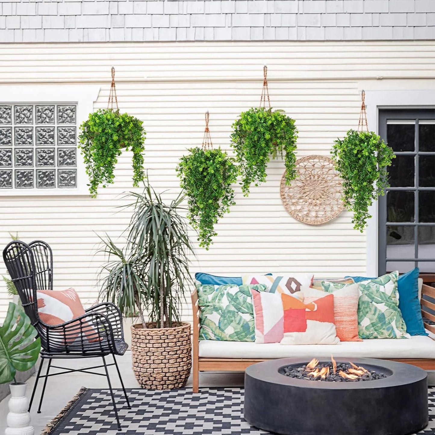 SJL Fake Hanging Plants 3pcs Hanging Plants with Flowers Artificial Greenery Faux Ivy Vine Leaves UV Resistant Plastic Plant Faux Greenery Vine Plant for Wall Home Indoor Outdoor Decor (Green)