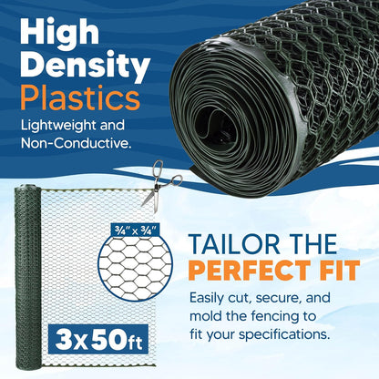 Plastic Hex Chicken Wire Mesh Garden Fence Roll (3' x 50' - Green) - Versatile Poultry Netting and Garden Fence for Temporary or Semi-Permanent Enclosures, Deer Fencing, and Construction Barriers
