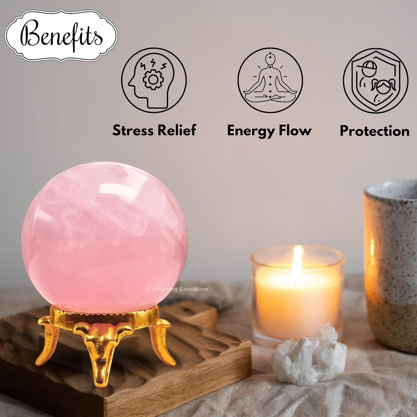 Amazing Gemstone Rose Quartz Crystal Ball with Stand - 2 Inches Crystal Sphere Meditation Balls for Witchcraft and Decorative Balls