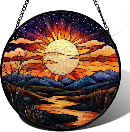 Stained Glass Window Hanging, The Sun Shines Brightly on Lake Sun Catchers Colorful Glass Panel