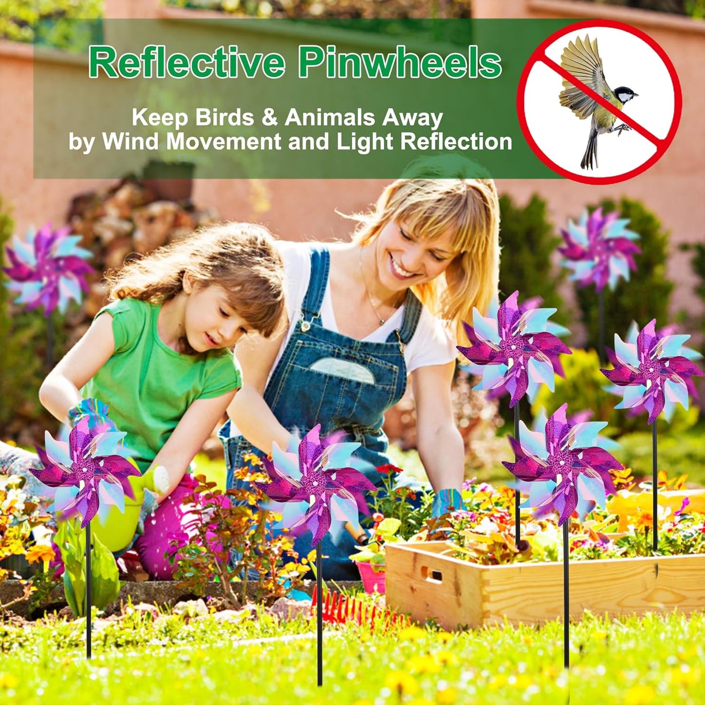 winemana 12 Pcs Reflective Pinwheels Outdoor, Wind Spinners for Yard & Garden, Sparkly Bird Repellent Windmill Scare Birds Away, Deterrent Devices for Outside Patio Lawn Spring Decor (Purple)
