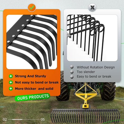 KUAFU 60In Landscape Rake, 3 Point Rake, 360 Rotation Compatible with Category 1, Cat1 Tractors Tow-Behind Garden Tool for Garden, Farm, Clearing Brush, Raking Arenas 2 Package Yellow