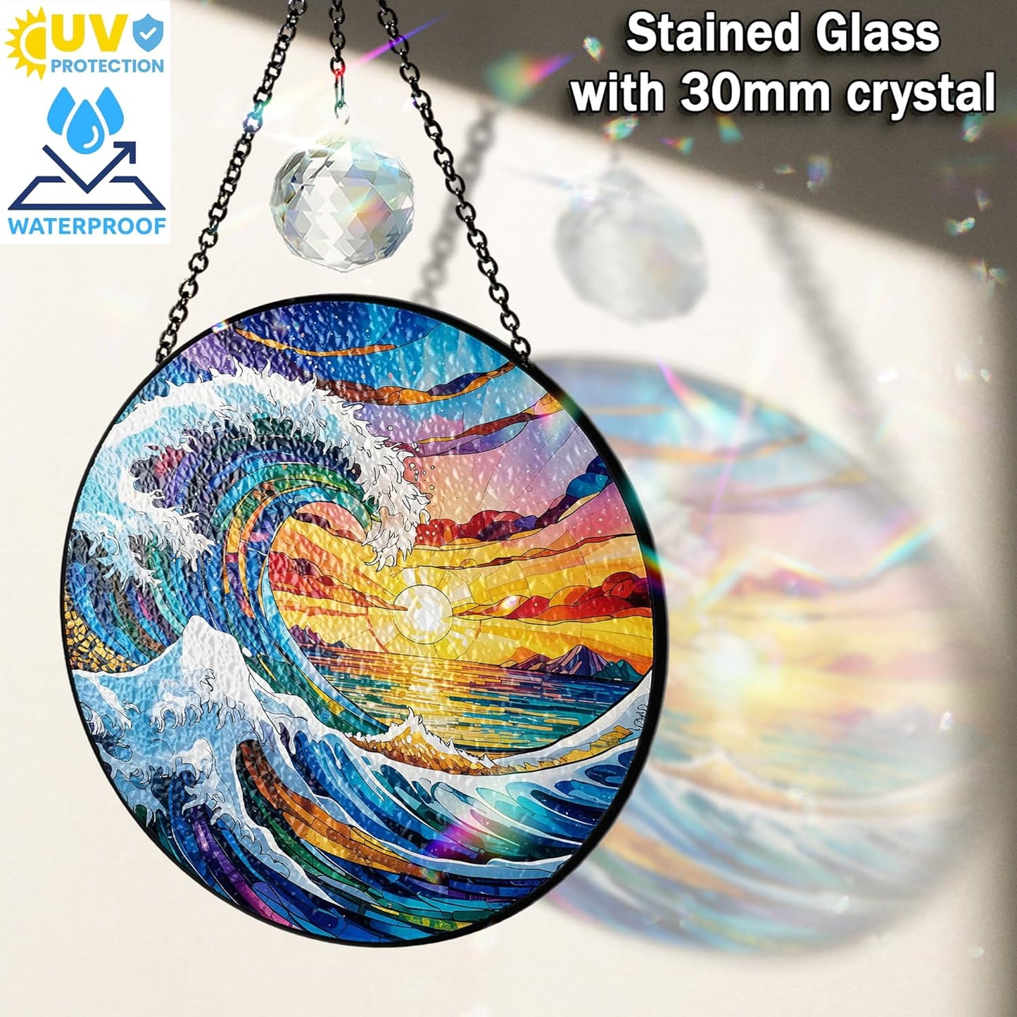 Sea Wave and Sunset Stained Glass Suncatcher – Ocean Window Hanging, Coastal Beach Decor, Unique Glass Sun Catcher Gift for Friends, Family, Couples, and Beach Lovers