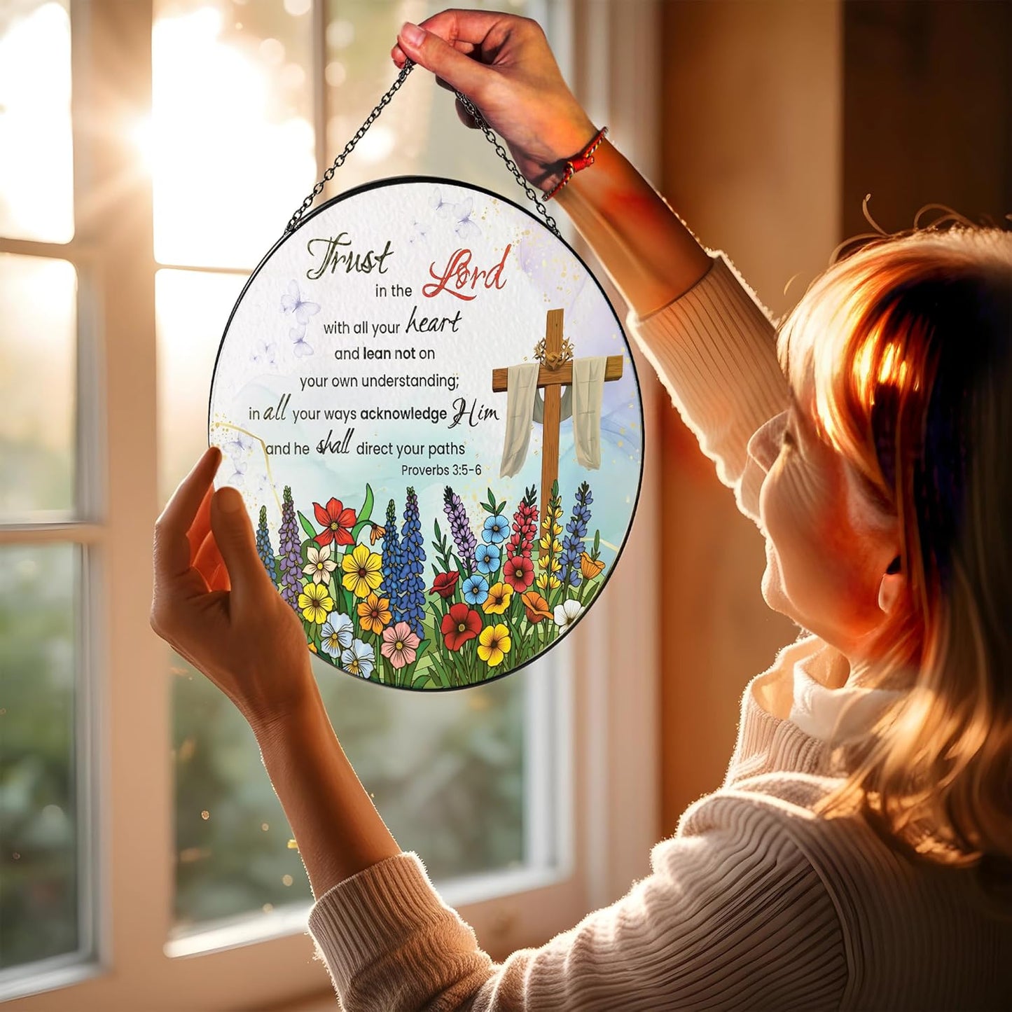 Christian Stained Glass Suncatcher Crystal Trust in The Lord Proverbs 3:5-6 Scripture Sun Catcher Window Hanging, Faith Inspired Religious Gift for Women