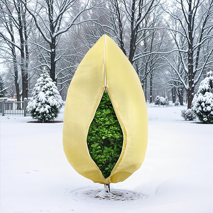 Plant Covers Freeze Protection, 2 Pack 47''× 71'' Beige Frost Cloths Blankets with Zipper Drawstring Shrub Tree Covers for Winter Outdoor Plants Freeze Protection