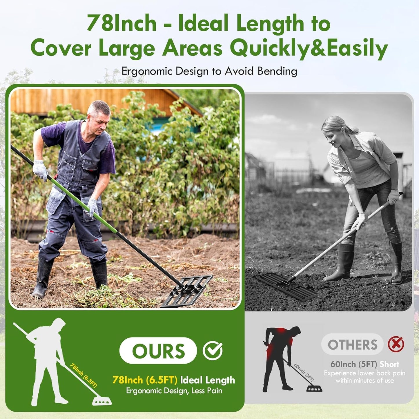 Seeutek Lawn Leveling Rake, 30” x 10” Lawn Leveler with 6.5FT Stainless Steel Handle Rakes for Lawns, 0-180° Adjustable Ground Leveler Tool for Yard, Level Soil Sand Dirt Surfaces