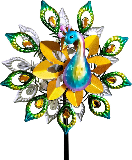 Outdoor Peacock Wind Spinners Featuring Glittering Gem Decor, 13.5" D x 65" H Double Layer Kinetic Wind Sculptures, 360° Rotatable Metal Garden Wind Spinners for Yard and Outdoor Decor Blue