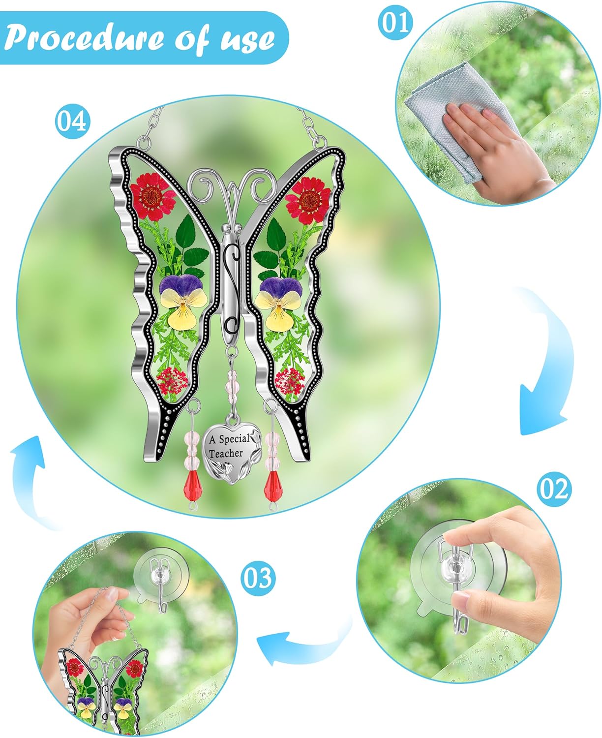 KY&BOSAM Butterfly Suncatcher A Special Teacher Stain Glass Suncatchers for Window Hanging Wind Chime with Pressed Flower Wings in Glass and Heart Charm Birthday Gift for Teacher`s Mother`s Day Gifts