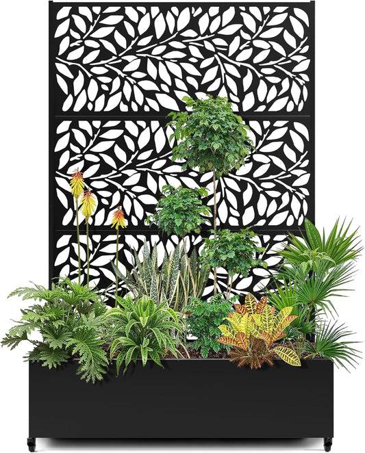 15.7"×70.9"×47.2" Metal Raised Garden Bed with Trellis and Wheels - Tall Trellis Planter Box for Climbing Plants, Vegetables & Vines - Outdoor Privacy Planters for Patio (Black)