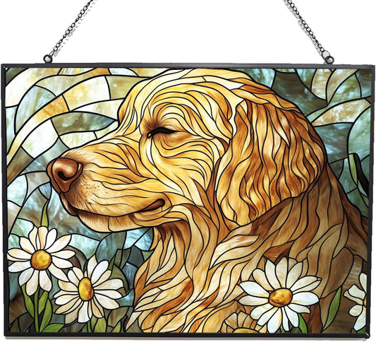 Personalized Rectangle Art Nouveau Golden Retriever Garden Stained Glass Window Hanging, Stained