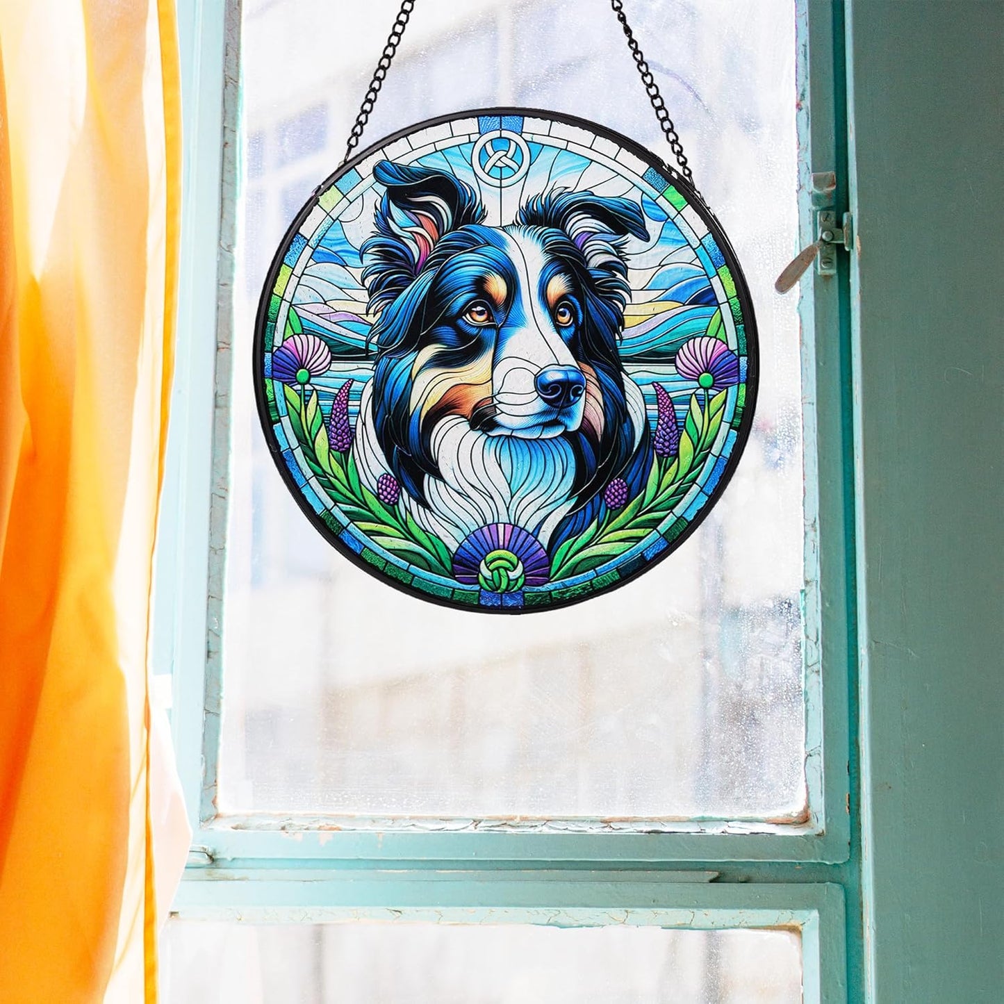 Stained Glass Dog Memorial Suncatcher,Border Collie Window Hanging,Sympathy Gifts for Pet Loss,7.9 inch/20 cm Home and Garden Decor for Dog Lovers (Border Collie)