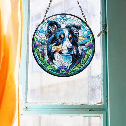 Stained Glass Dog Memorial Suncatcher,Border Collie Window Hanging,Sympathy Gifts for Pet Loss,7.9 inch/20 cm Home and Garden Decor for Dog Lovers (Border Collie)