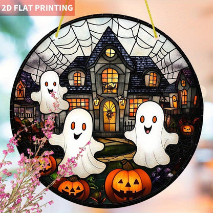 7.9inch Cute Halloween Suncatcher for Window Hanging,Ghost Pumpkin Castle Acrylic Suncatcher with Chain Halloween Window Decor for Home, Garden, Housewarming Round Ornament, Gift for Women Friend