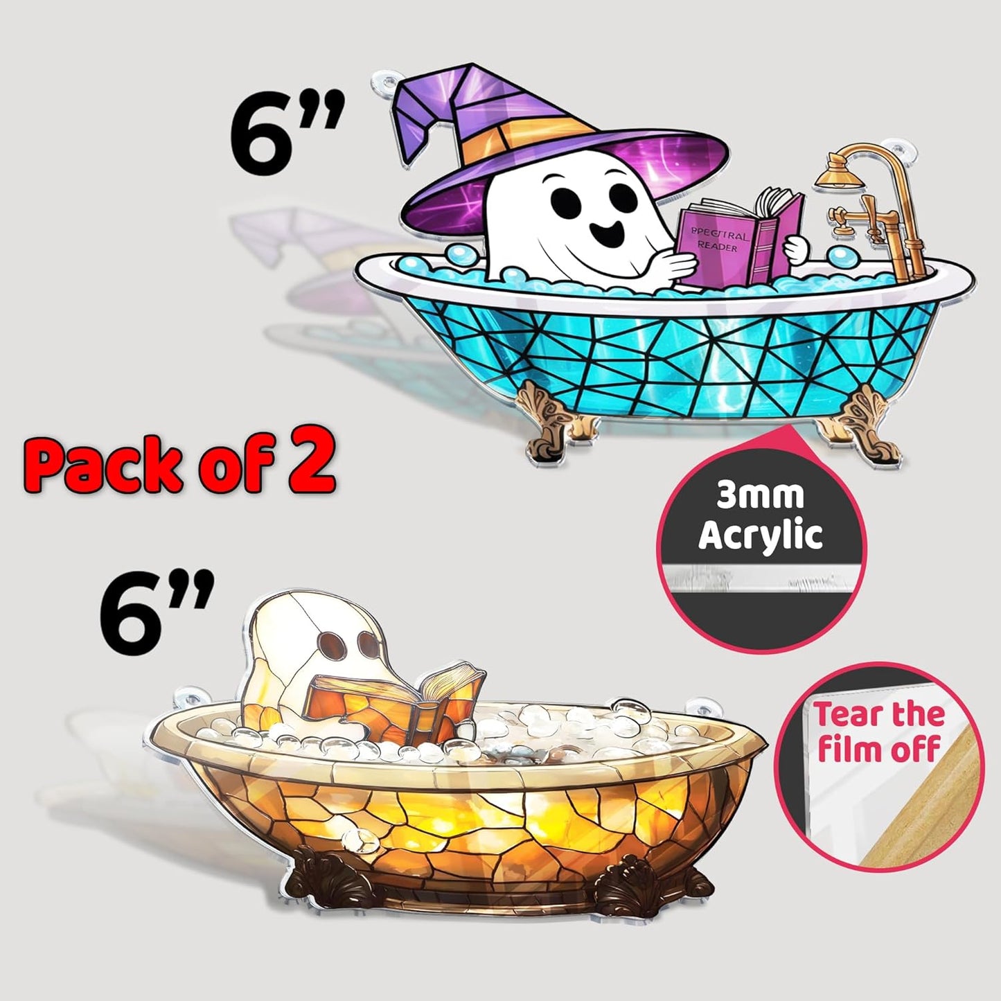 2 Boo Bathtub Acrylic Suncatchers, Gothic Cute Ghost Reading Book Window Hanging Ornaments, Halloween Horror Home Decor Witch Handmade Wall Art, Gift for Women Mom Friends Family