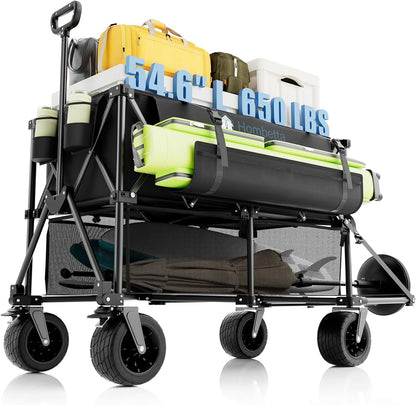 Folding Double Decker Wagon, 560LBS Heavy Duty Utility Cart with Brakes, 400L Wagon Cart with Wheels Foldable, All-Terrain Big Wheels for Camping, Beach, Picnic, Outdoor Use, Black