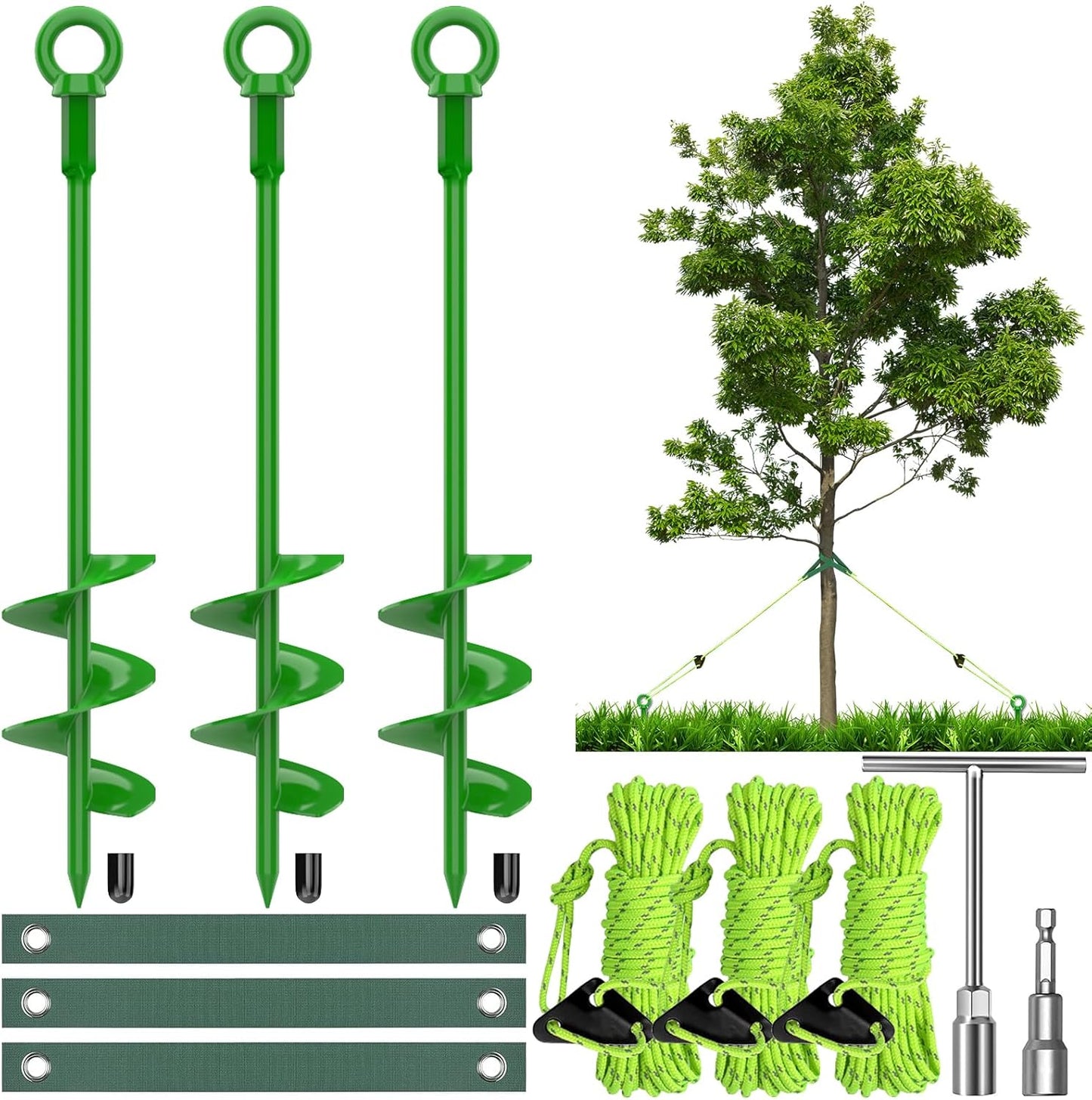 3 Pack 18" Tree Stake Kit, Heavy Duty Spiral Stakes and Supports for Leaning and Young Trees Straightening, Protect Trees from Bad Weather (Green)