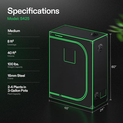 VIVOSUN S425 4x2 Grow Tent, 48"x24"x60" High Reflective Mylar with Observation Window and Floor Tray for Hydroponics Indoor Plant for VS2000