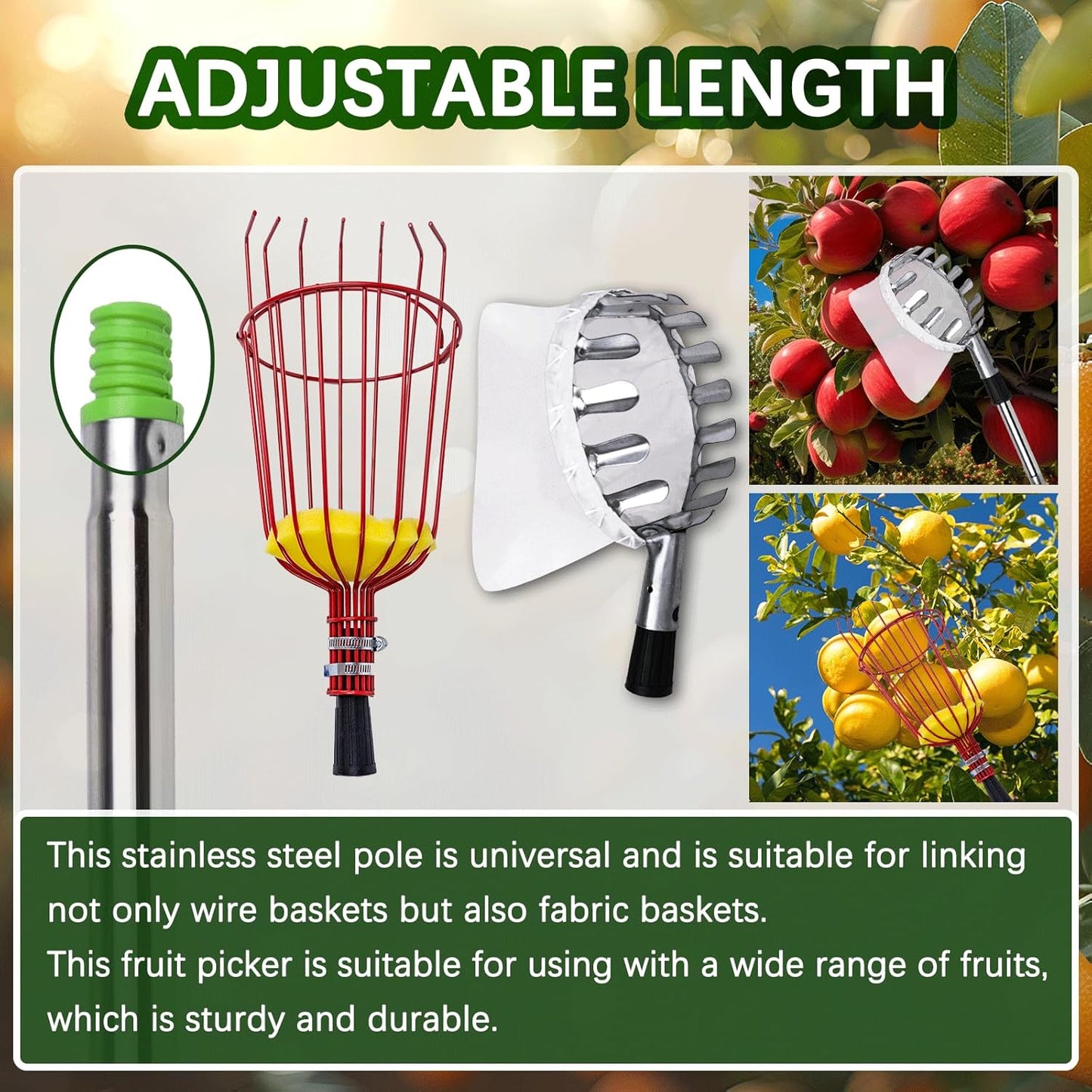 20 Ft Fruit Picker with Wire Basket and Bag Basket,Adjustable Stainless Steel Fruit Picker Pole with Universal Thread Head,35-243 Inch,Pick Fruit Tool,Suitable for Picking Apples,Mangoes and Others