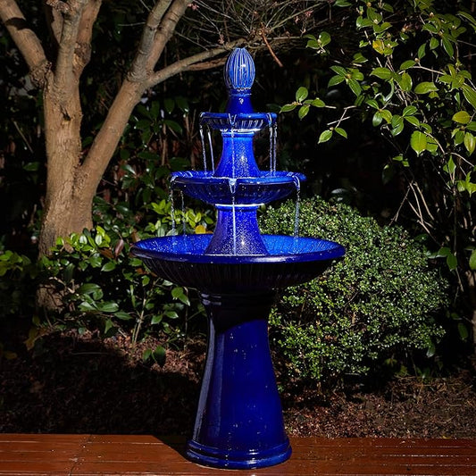 Glitzhome Water Fountain Outdoor Floor-Stand Fountain with LED Light & Pump Oversized 3 Tier Ceramic Cobalt Blue Patio Fountains and Waterfalls Outdoor Yard Fountains for Lawn Garden Backyard