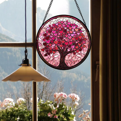 Stained Glass Window Hanging - DASTOLL, Birthday Gifts for Women Men Mom Dad, Pink Love Tree Suncatcher for Doors Window Home Sun Catchers Decor 6.3 in