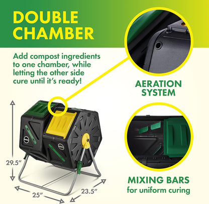 Miracle-Gro Dual Chamber Compost Tumbler – Easy-Turn, Heavy-Duty Outdoor Bin Composter with 2 Sliding Doors (2x18.5 Gal/70L