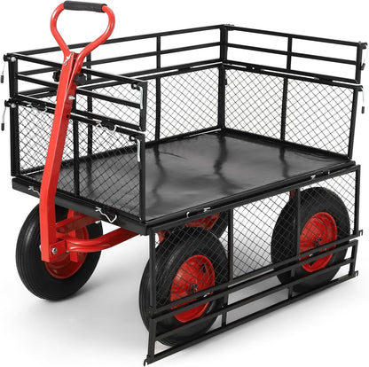 GarveeLife Steel Garden Cart 1400 LBS Capacity, Heavy Duty Steel Utility Wagon with Removable Sides, 2 in-1 Handle and 16 in Tires, Utility Metal Wagon Perfect for Garden, Farm, Yard