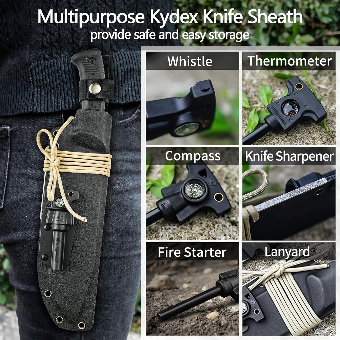 HX Outdoors 14 Inch Bush Machete Kukri Knife, Premium D2 Steel Full Tang Gardening Machete Knife with Kydex Sheath for Outdoor, Camping, Clearing Brush (Black)
