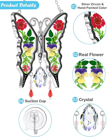 KY&BOSAM Crystal Butterfly Suncatchers for Windows Hanings Stained Glass Wind Chimes with Metal Charms Colorful Rainbow Prisms Garden Decor for Mom Grandma Christmas Wedding Gifts 8" Hanging Ornament