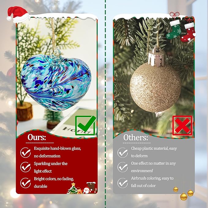 Hand Blown Glass Gazing Balls for Garden Love Heart Hanging Friendship Balls Christmas Ball Ornaments for Xmas Tree Decoration (Blue - A)