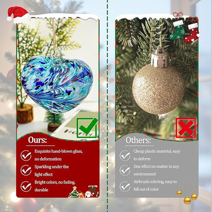 Hand Blown Glass Gazing Balls for Garden Love Heart Hanging Friendship Balls Christmas Ball Ornaments for Xmas Tree Decoration (Blue - A)