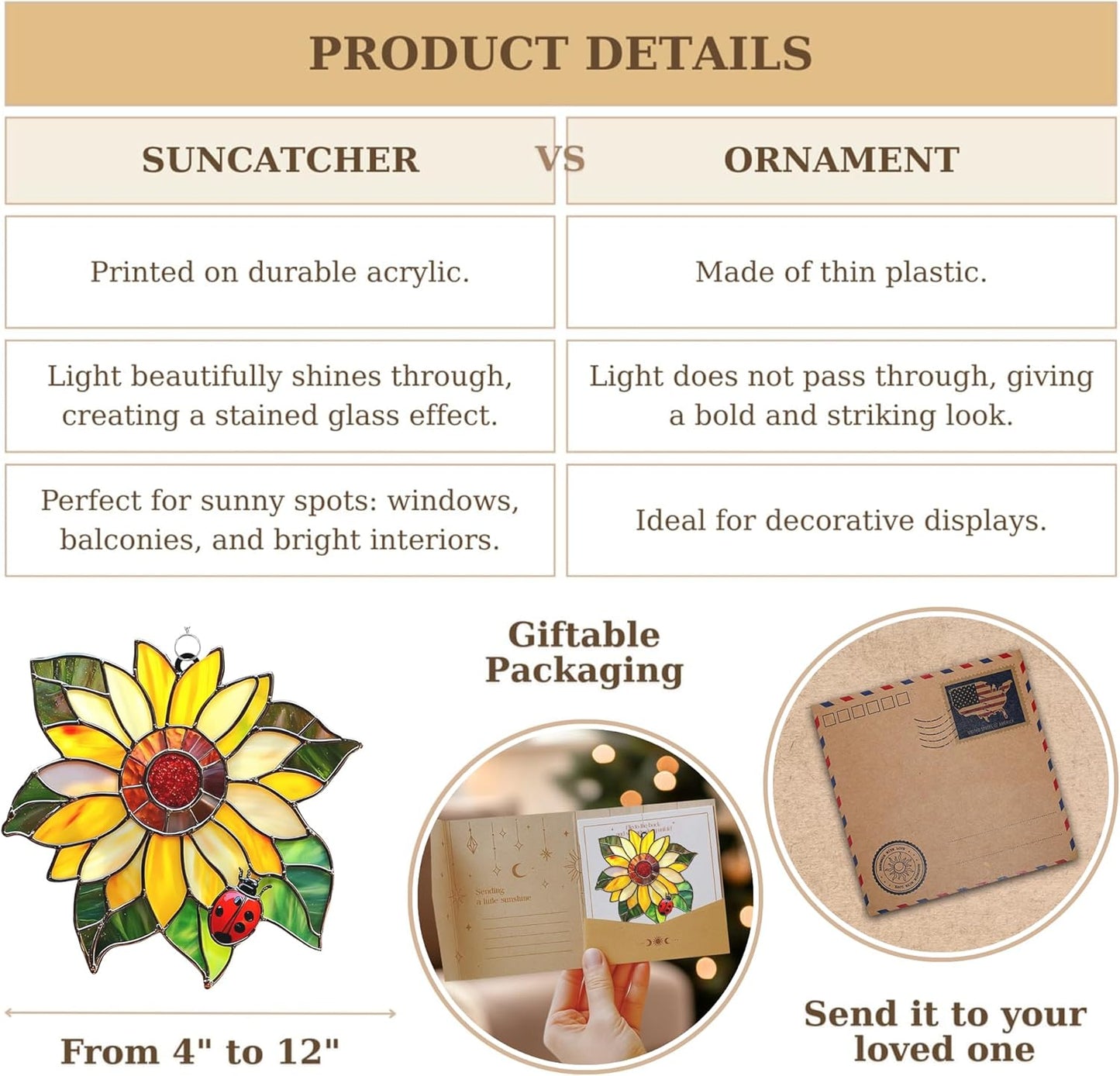 Ladybug Sunflower Acrylic Suncatcher Stained Glass Effect Window Car Hanging Christmas Ornament Indoor Outdoor Decor Garden Sun Catcher Panel for Sunflower Lover for Women Mom Grandma