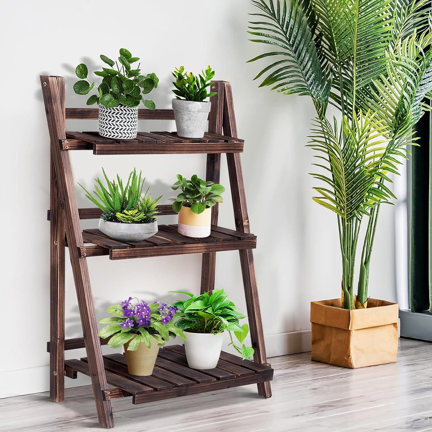 Giantex 3 Tier Folding Wooden Plant Stand, Indoor Flower Pot Holder Display Rack, Free Installation Corner Plants Storage Shelf, Foldable Rustic Wood Ladder Shelf for Home Patio Balcony Garden
