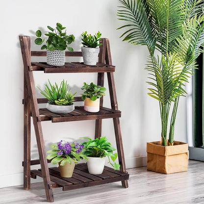Giantex 3 Tier Folding Wooden Plant Stand, Indoor Flower Pot Holder Display Rack, Free Installation Corner Plants Storage Shelf, Foldable Rustic Wood Ladder Shelf for Home Patio Balcony Garden