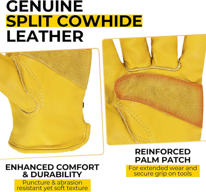 HANDLANDY Men Leather Gardening Gloves, Utility Work Gloves for Mechanics, Construction, Driver