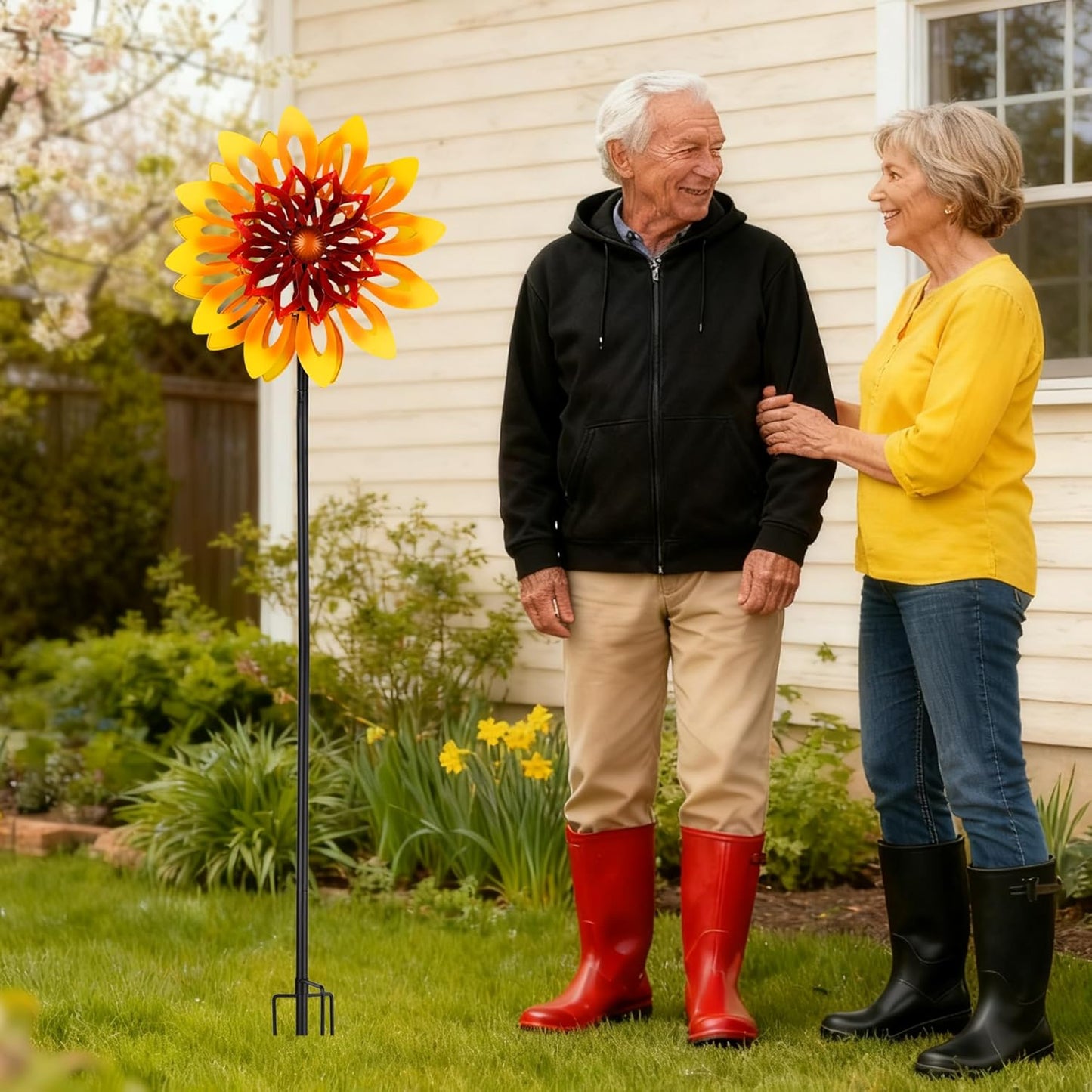 Sunflower Wind Spinners, 360 Degrees Swivel Metal Wind Sculptures, 62" Garden Pinwheels for Yard Lawn Patio Decor