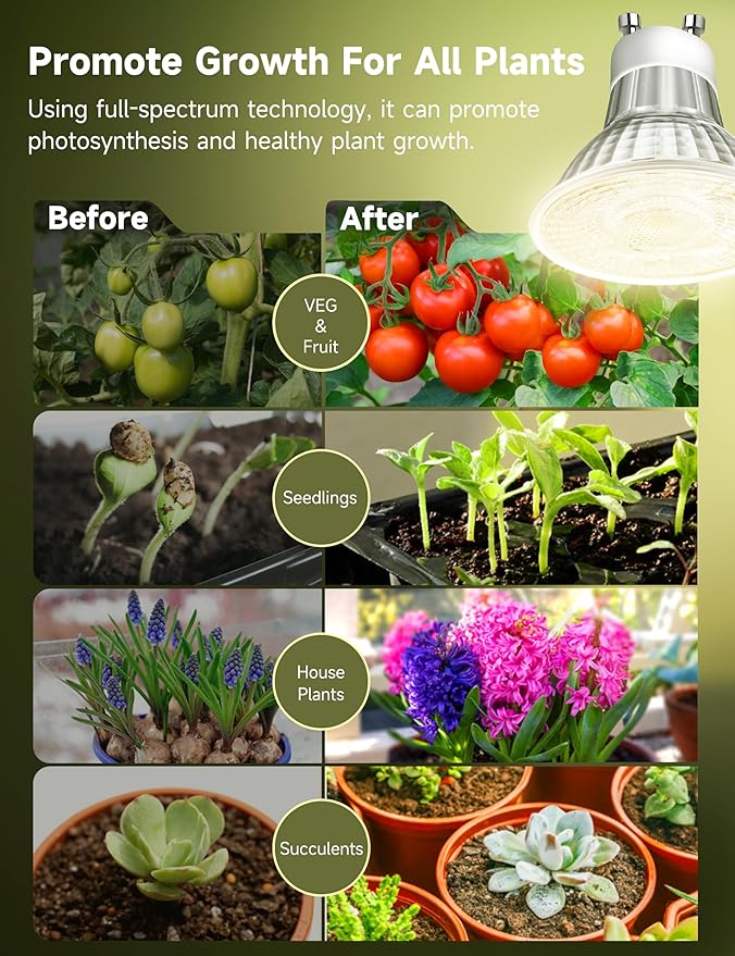 GU10 Grow Light Bulb, Full Spectrum Plant Grow Lights, Natural White 4000K Plant Light for Indoor Plants for Small Plant Pots, 6W LED Grow Light, Grow Lamp for Low Light Plants, 3 Pack