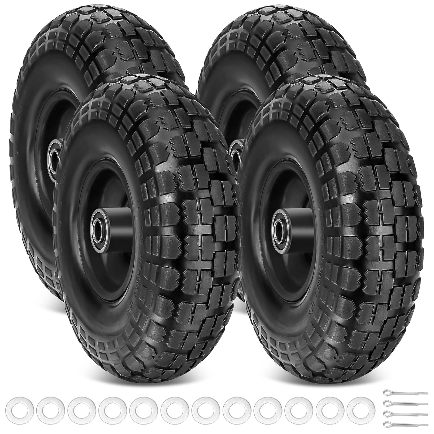 TICONN 10" Solid Tires, 4 Pack Flat Free 4.10/3.50-4'' Wheels with 5/8” Axle Bore Hole and Double Sealed Bearings (Black, 4PK)