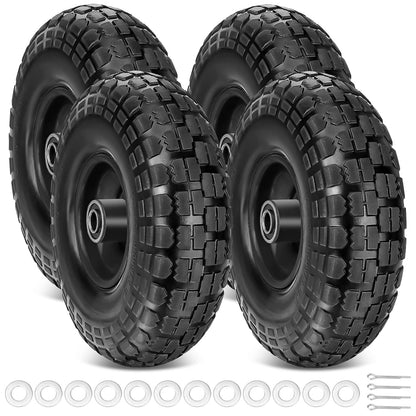 TICONN 10" Solid Tires, 4 Pack Flat Free 4.10/3.50-4'' Wheels with 5/8” Axle Bore Hole and Double Sealed Bearings (Black, 4PK)