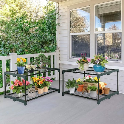 EAGLE PEAK Greenhouse Shelving Staging Double 2 Tier, Outdoor/Indoor Plant Shelves, 27"x19"x16", Green