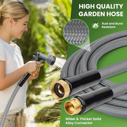 KLABB 20FT Garden Hose 5/8" with Solid Brass Connectors & 10-Function Nozzle – Lightweight Flexible PET Steel Hose, No-Kink, Rustproof & Leak-Free for Garden, Driveway, Patio & Outdoor Cleaning