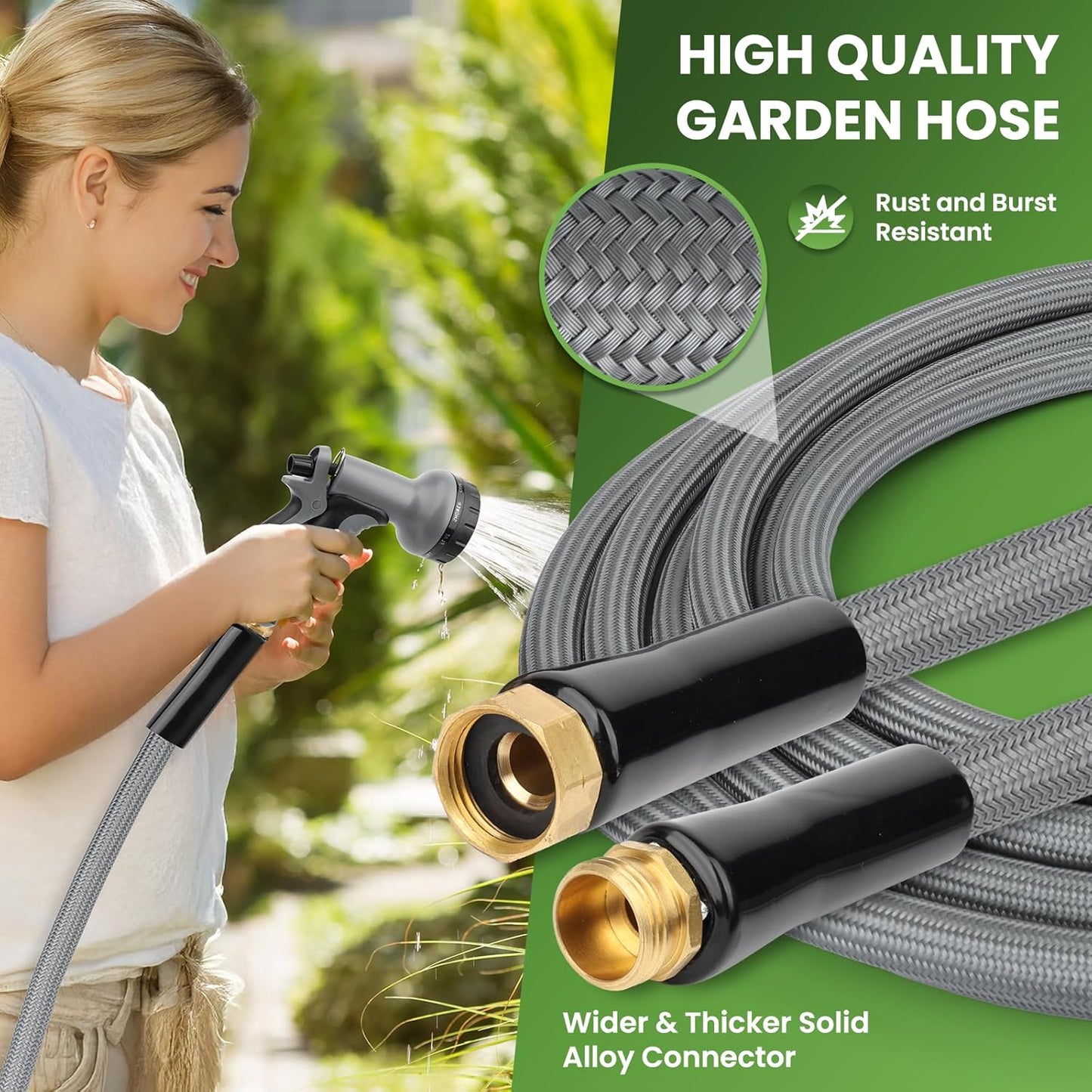 KLABB 100FT Garden Hose 5/8" with Solid Brass Connectors & 10-Function Nozzle, Lightweight Flexible PET Steel Hose with Adjustable Straps, No-Kink, Rustproof & Leak-Free for Garden & Outdoor Cleaning