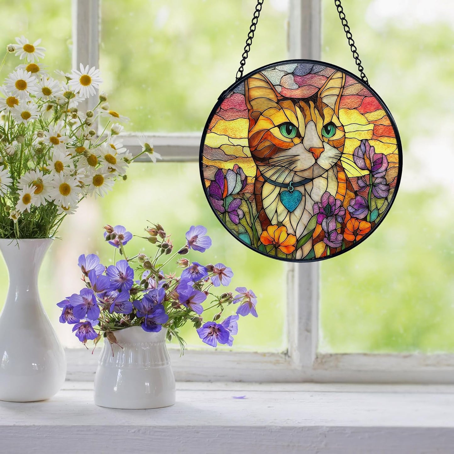 Cat Flower Suncatcher Stained Glass Window Hanging, Orange Cat Sun Catchers Indoor Window Glass Wall Art Decor, Kitten Floral Wall Hanging Decor Decorations, 7.9x7.9 Inch 033-MH-BLGH