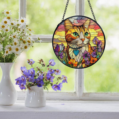 Cat Flower Suncatcher Stained Glass Window Hanging, Orange Cat Sun Catchers Indoor Window Glass Wall Art Decor, Kitten Floral Wall Hanging Decor Decorations, 7.9x7.9 Inch 033-MH-BLGH