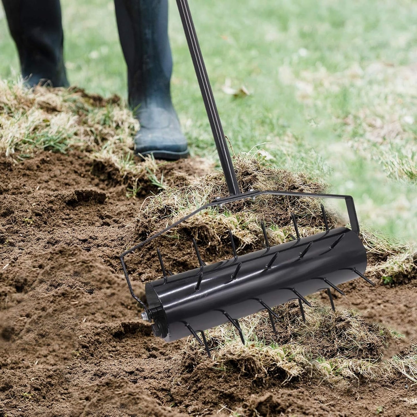 Upgraded 18-inch Heavy Duty Rolling Lawn Aerator | Weight-Adjustable Drum (Add Water/Sand) | 50" Quick-Clip Handle & 5-Minute Setup | Manual Lawn Tool for Garden Yard