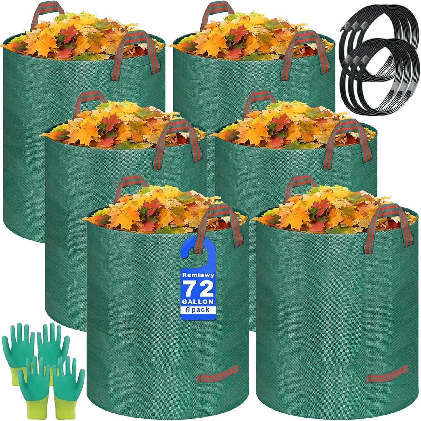 Reusable Yard Waste Bags, 72 Gallon Lawn and Leaf Bags, 6 Pack Garden Weed Heavy Duty with 4 Handles Standable&Collapsible Outdoor Trash Bags, Camping Yard Recycling Bags with 2 Pair of Gloves